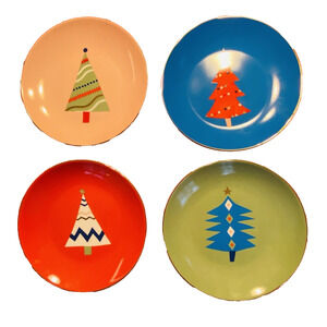 Rare PIER 1 Christmas Tree Plate Set (4) Colorful Holiday Appetizer Canape 6”